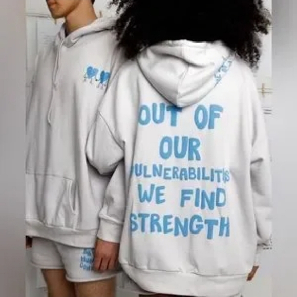 Mayfair Tops - Oversized White Hoodie with Blue Graphic Text